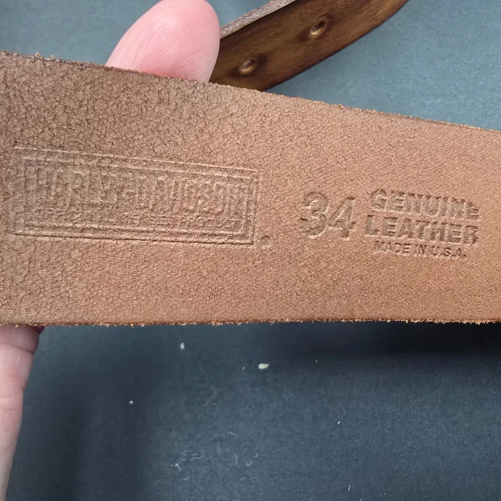 Harley-Davidson Mens Brown Leather Belt 34 Embossed Logo Oval Buckle Made in USA